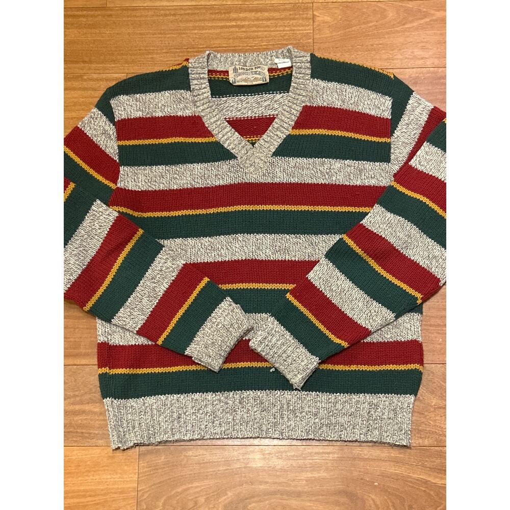 Vintage London Fog Outdoors Unlimited Wool Striped Vneck Sweater